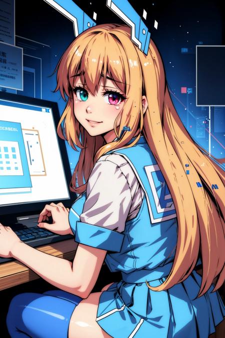 masterpiece, best quality, mwchan, heterochromia, headgear, blue shirt, blue skirt, blue thighhighs, from side, computers, circuitry, technology, looking at viewer, smile, tears in eyes <lora:morriswormchan-nvwls-v1-000010:0.9>