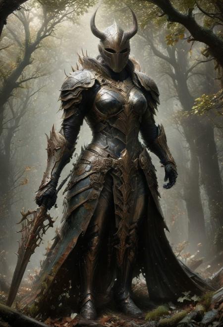 masterpiece, best quality, detailed, polished, high resolution, midjourny style  colors, backlight,  classical, ais-abandz, 1girl mecha knight, plate armor, cloak, pointy ears, antlers, elaborate design,  moss, twigs, lush forest, leaves,   Dream of Fear, cursed knight
full color, drkfntasy,