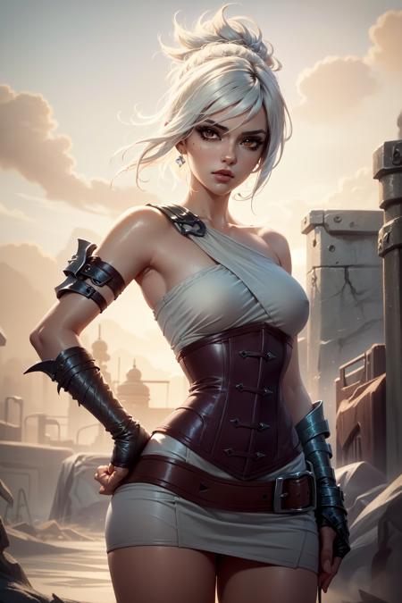 riven \(league of legends\), 1girl, short dress, corset, white hair, black eyeshadow