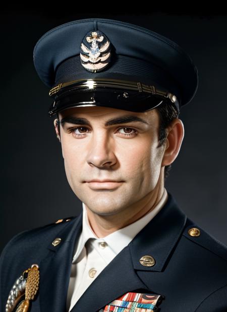 ( <lora:SeanConneryBond:1>) a close up Portrait photo of (scb1) man with dark hair, Detailed face, (perfect eyes), (highly detailed skin:1.1), perfect body, wearing a ((Naval Commander Uniform, Military Medals, Officer Cap)), Modelshoot style, Professional Photography, soft lighting, PHOTOREALISTIC, Realistic, standing in a dark studio background, blurred background, volumetric fog,. RAW, analog style, sharp focus, 8k, HD, DSLR, high quality, Fujifilm XT3, film grain, award winning, masterpiece,