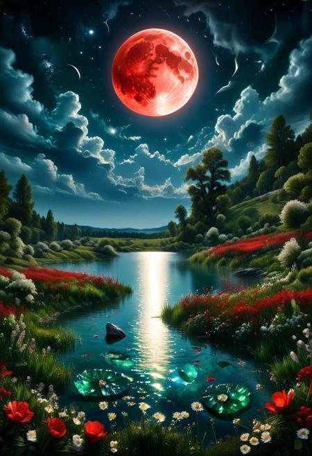 emeraldmorph,Night time, cloudy night, stars, crystal clear blue lake surrounded by grass and flowers, the moon is reflected on the lake's water, large glowing full red blood moon
Photorealistic, Highly detailed, masterpiece, 4k, high resulution, great lighting,