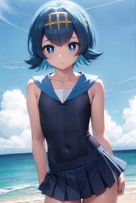 pokemonlana, blue eyes, blue hair, freckles, hairband, short hair, white pupils, yellow hairband, (bright pupils:1.5), bare arms, black thighhighs, blue sailor collar, blue skirt, collarbone, one-piece swimsuit, pleated skirt, sailor collar, shirt, skirt, sleeveless, sleeveless shirt, swimsuit, swimsuit under clothes, thighhighs, white shirt,