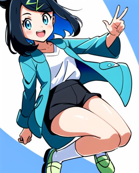 liko_\(pokemon\), black_shorts, green_coat, open_clothes, white_footwear, white_legwear, white_shirt, white_socks, (sfw), 1girl, full body, blush, smile, dynamic angle, dynamic pose, small breasts, looking_at_viewer,  <lora:liko-000400:0.6>