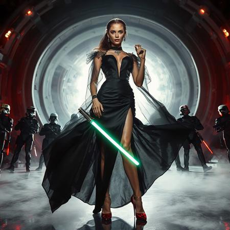 slender arrogant cold femme fatal russian princess wearing black rich  victorian  dress  with high slit puffy full skirt , small size opulent glossy red  high heels, ultrathin black transparent slime cloak, jewels, elegant small light saber in her right hand, lifting her skirts with left hand, posing standing, view from below,  evil grin, green eyes, lipstick, giant portal to outer space, fog from the floor, empire spaceship hangar, surrounded by halo odst troopers, TIE spaceships at the background, fashion look, hollywood, vogue makeup, porcelain skin, long haired, ultrathin waisym reminiscent of Lucas, Spielberg styles, with close-up glamour photography and dramatic lighting view from below,