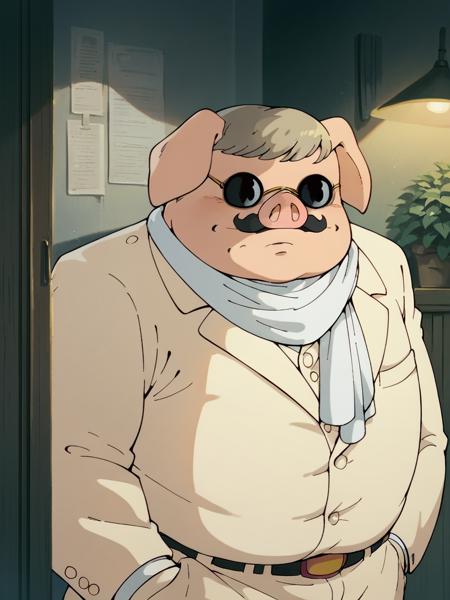 1boy, pig, porch rosso, monster boy, mustache, sunglasses, suit, hat, necktie,  trench coat, scarf, goggles, hat,