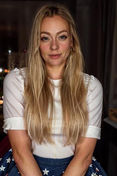 <lora:Cherry_Healey:1> masterpiece, best quality, detailed face, 1girl, solo, realistic, c1873h, long blonde_hair, patriotic costume ,  dam , evening