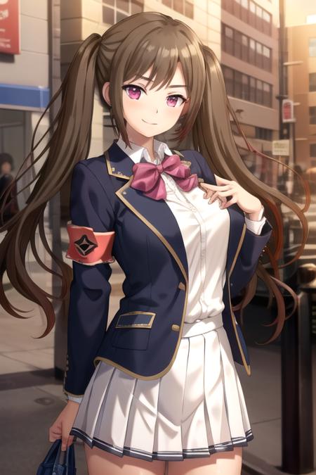 Isezaki Ema long hair,brown hair,twintails,bangs,pink eyes school uniform,black jacket,blazer,red bowtie,white shirt,collared shirt,long sleeves,armband,large breasts,skindentation,miniskirt,white skirt,pleated skirt,blue socks,black footwear,loafers