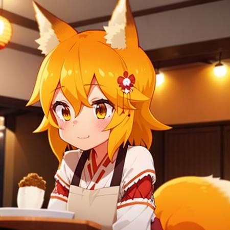 (restaurant:1.3)
 <lora:senkoLora_v4:1> 1girl, sen, animal ears, fox ears, fox girl, fox tail, hair flower, hair ornament, orange eyes, orange hair, short hair, tail
close mouth, thoughtful
(japanese clothing:1.3), left angle, upper body, looks straight