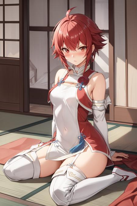 masterpiece, best quality, hinoka, short dress, garter straps, thigh boots, indoors, japanese architecture, blushing, looking at viewer, wariza <lora:hinoka-nvwls-v1-000012:0.9>