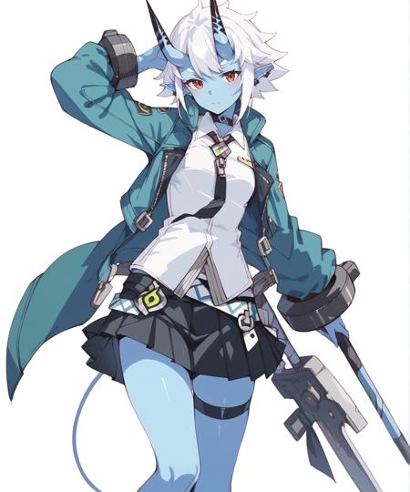 soukaku, demon girl, (colored skin), (blue skin:1.2), oni horns, white hair, short hair, red eyes, green jacket, long sleeves, open jacket, pointy ears, ear piercing, white shirt, black necktie, zipper, shackles, pleated skirt, thigh strap, black pouch, black footwear, sneakers, demon tail