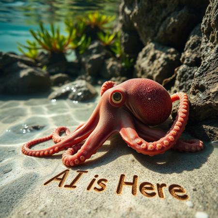 a very detailed close picture of an octopus on a beach half in the water between rocks and water sea plants, sunny beach, "AI is Here" logo engraved  on rock under water