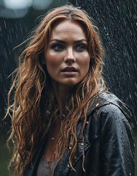 <lora:CASW:1>, cinematic photo  (cndcswnpl woman) downpour, soaking wet, dripping wet, wet hair, runny makeup, scared, action pose, facing viewer, accurate lighting,