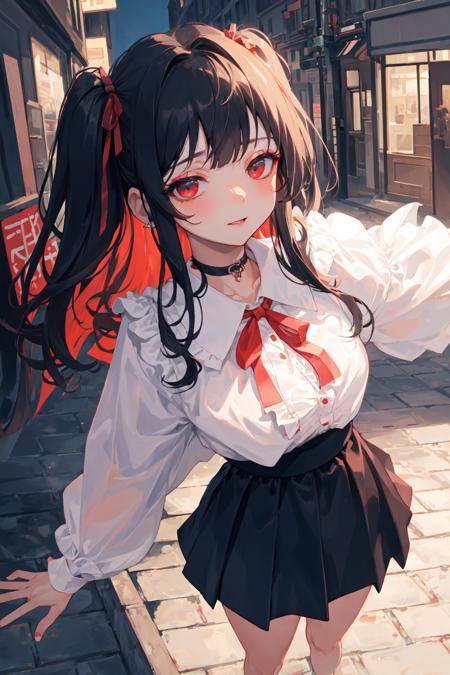 masterpiece, best quality, city street, 1girl, from above, close-up, standing, looking at viewer, teenage, medium breasts, detailed long black hair two side up, blunt bangs, half-closed empty eyes, red eyeliner, makeup, frilled blouse, ribbons, high waist short black skirt, choker, pierce, earrings, blush, light smile