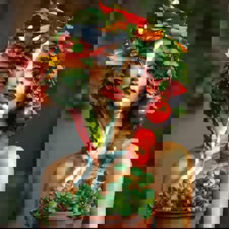 A beautiful woman made entirely of mixed vegetables, growing from a flower pot, sprinkled with ranch dressing
