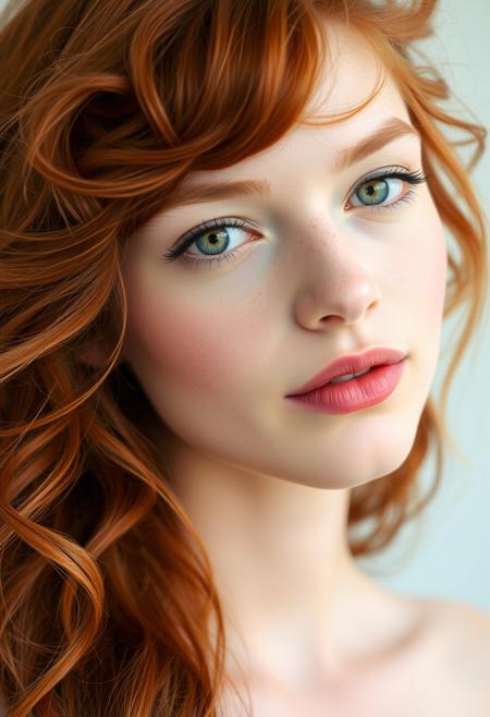 High quality, high definition photo image of a young woman, 28 years old, with long wavy and tousled red hair, emerald green eyes, some light freckles under the eyes, a small and pretty nose, thin and full pink lips, smooth and silky pale white skin, light makeup, very feminine and beautiful face with a sweet and dreamy expression.