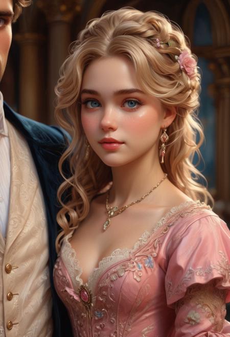couple,romantic,(regency era:1.1),(ultra realistic:1.3),(best quality:1.3),(illustration:1.1),(hyper detailed:1.1),(high quality:1.1),masterpiece,ultra detailed,(1 black haired man:1.1),(black ducal jacket on man:1.4),cravat,(black swept back hair on man:1.2),handsome,pale complexion,close,(1 blonde girl in a pastel pink ballgown:1.3),(pink tourmaline necklace:1.2),(blue eyes:1.2),detailed study setting,books,paintings,smile,(night:1.1),elegant,1800s british formal clothes,<lora:LaxpeintXL-2.0:0.7>,<lora:detailed_notrigger:1>,