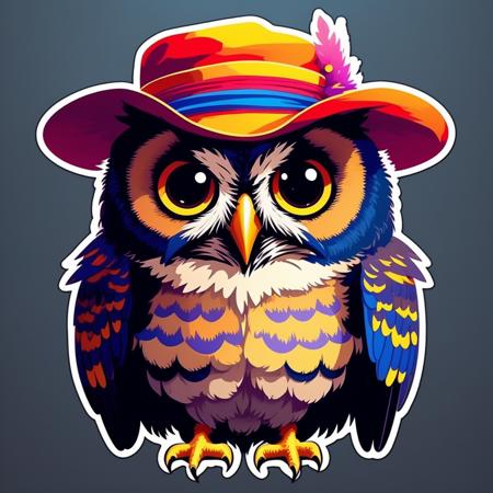 Cute owl with a colorful hat,
,sticker,,stickers
, <lora:StickersRed15PasWithTE:1>