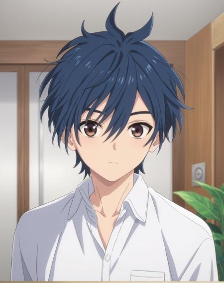 kiyomizu_minato, blue hair, brown eyes, short hair, hair between eyes, bangs, ahoge, 