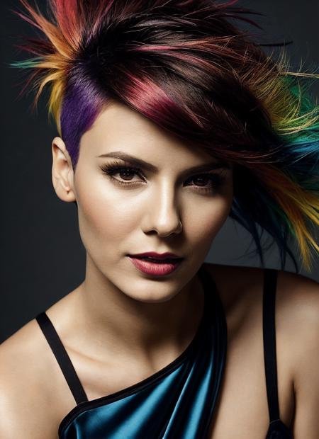 portrait of sks woman by Flora Borsi, style by Flora Borsi, bold, bright colours, rainbow Mohawk haircut, ((Flora Borsi)), <lora:locon_victoriajustice_v1_from_v1_64_32:1>