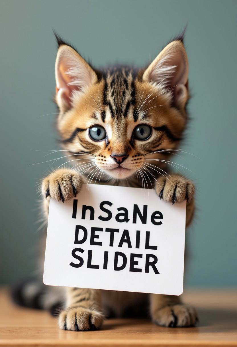 An adorable kitten holding up a sign that reads: "InSaNe DETAIL SLIDER"