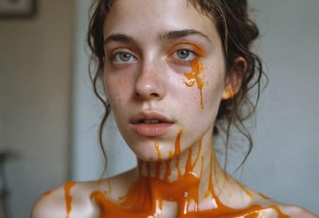 Ultra detailed film photograph with tiny depth of field, shot in an empty studio space with complex lighting. The bare bust of a beautiful woman, her hair and face and slender neck and delicate collarbone and small firm breasts. She looks stoic and severe, soft eyes that are perfectly in focus. Her mouth is overflowing with thick paint, From her lips flows richly orange  colored paint, drooling and trickling  from her lips down her chin, dripping on her tiny breasts, her erect nipples. trickling down her neck. Everything else slips out of focus. Surreal and artistic.
