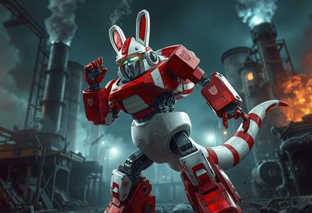 The image showcases a dynamic Junk Robot Teapot Kangaroo from the Transformers series, poised for action with vibrant red and white coloring. Set against a grimdark Junk Factory background, the poster boasts high-resolution, 4K quality with intricate details, vivid colors, and harmonious composition. The artwork exudes a powerful message, capturing the essence of Transformers through dynamic action, captivating lighting, and realistic shading, akin to the styles of ilya kuvshinov, katsuhiro, magali villeneuve, artgerm, jeremy lipkin, michael garmash, and rob rey. This visually stunning and well-timed piece is trending on Artstation and CGSociety.