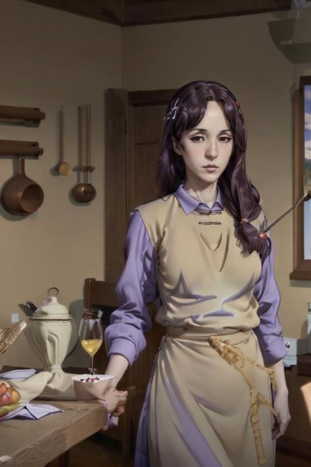 (masterpiece:1.4),(best quality:1.4),(absurdres:1.4),pin-up,<lora:ANIME_okasan_Garo_aiwaifu-10:1>,okasan_Garo_aiwaifu,brown eyes,shirt ,large breasts, narrow waist, wide hips, purple hair ,apron,low-tied long hair ,collared shirt ,dress ,lips ,hair over shoulder,(absurdres, highres, incredibly_absurdres:1.4),scenery,masterpiece,