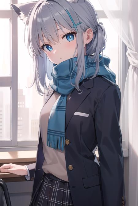 bluearchiveshiroko, <lyco:shiroko-lyco-nochekaiser:1>, 
shiroko, animal ears, blue eyes, grey hair, hair ornament, hairpin, halo, medium hair, wolf ears,
BREAK checkered clothes, checkered skirt, school uniform, skirt, scarf,
BREAK looking at viewer, 
BREAK indoors, classroom,
BREAK <lyco:GoodHands-beta2:1>, (masterpiece:1.2), best quality, high resolution, unity 8k wallpaper, (illustration:0.8), (beautiful detailed eyes:1.6), extremely detailed face, perfect lighting, extremely detailed CG, (perfect hands, perfect anatomy),