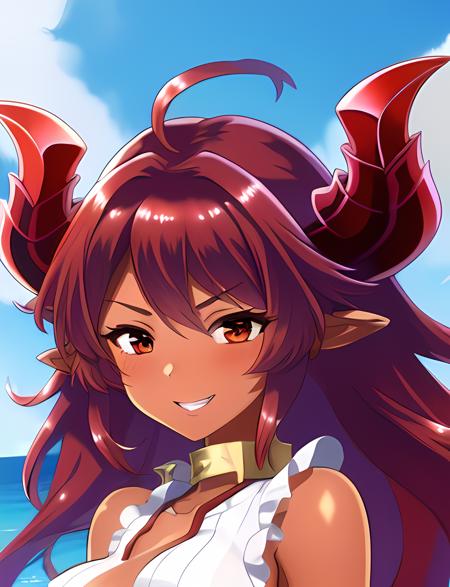 masterpiece:1.1, highest quality:1.3, <lora:dragon_girl-04:1>, drag0n girl, front view, dragon horns, dark-skinned female, red hair, long hair, shoulders, portrait, tied shirt, navel, outdoors, pointy ears,