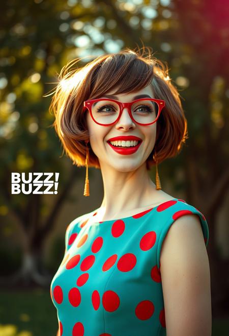 Photorealistic portrait of a petite quirky woman with a surreal 1960s aesthetic. She has a short chin length, tousled chestnut bob haircut, pale skin, and is wearing red cat-eye glasses. Her makeup is dramatic with glossy bright red lipstick, thick eyeliner, and arched brows. She is smiling wide with an exaggerated laugh, her expression playful and ironic. She wears a vintage fit-and-flare dress with a bold retro print — polka dots or geometric shapes — in bright colors like cherry red or teal. Dangling mid-century style gold earrings. She stands outside in soft sunlight, trees blurred in the background.
The photo has a slightly overexposed, sun-kissed look with vintage lens flare and bokeh. Add light film grain and slight chromatic aberration for a dreamy analog effect. Style inspired by a 1960s television commercial or a surreal David Lynch dream sequence. Text on screen says “BUZZ BUZZ!” in Helvetica, floating near her.
Keywords:
vintage fashion, retro glam, 1960s, surreal humor, pastel color palette, photorealism, film grain, quirky feminine energy, kitsch, dreamlike vibe