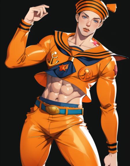 <lora:add_detail:0.47>orange clothing,  alternate costume, solo, masterpiece, best quality, 1boy, 19 years old, gappyjojo, full body, orange hat, solo, detailed background, detailed face, sailor, bright lighting, male focus, amazing, belt, orange pants, pinup, abs,  star (symbol), birthmark,
 <lora:gappy:0.89>