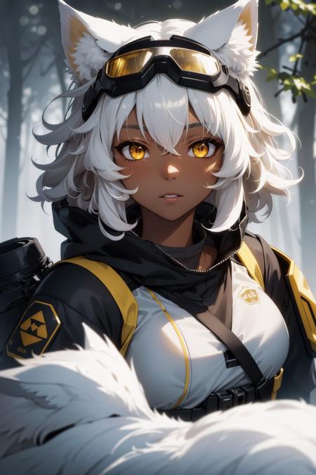 (masterpiece:1.1), (highest quality:1.1), (HDR:1.0), photo of cute army girl, detailed face+eyes, tactical clothing, (white fox girl, animal ear fluff, (fluffy hair), medium hair, attractive, yellow eyes, picturesque, sporty, (dark skin):1.2), (tactical goggles:1.3), upper body, dynamic angle, joyful, by Jeremy Lipking, by Antonio J Manzanedo, (by Alphonse Mucha:0.5), masterpiece, (pov), metal, foggy snowy jungle, varied depth of field, commander