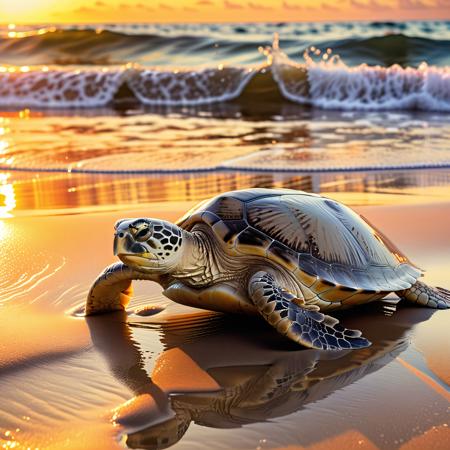 white sea turtle crawling out of the ocean, wet sand, soft waves, beach at sunset, golden light reflecting on the water, detailed shell texture, serene atmosphere, natural lighting, masterpiece, best quality, incredibly absurdres, very aesthetic, 4k

