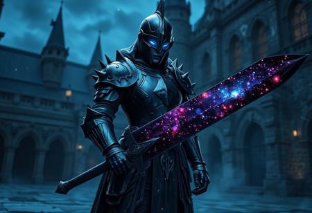 aidmaimageupgrader, ((they glow at night)), a high quality digital image of a woman knight wearing full heavy plate armour included helmet and face shield, the armour is as dark as eternity and seems to absorb light itself, the armour is stylised with sleek curves and a variety pf spikes on the shoulder pads and gauntlets, she is holding a greatsword, the greatsword is black as night and the blade is made of an intricately detailed galaxy, within the galaxy we see a variety of stars, nebulae and galactic dust detailed in bright and vivid colours, she is standing in a castle courtyard at midnight, they glow at night,