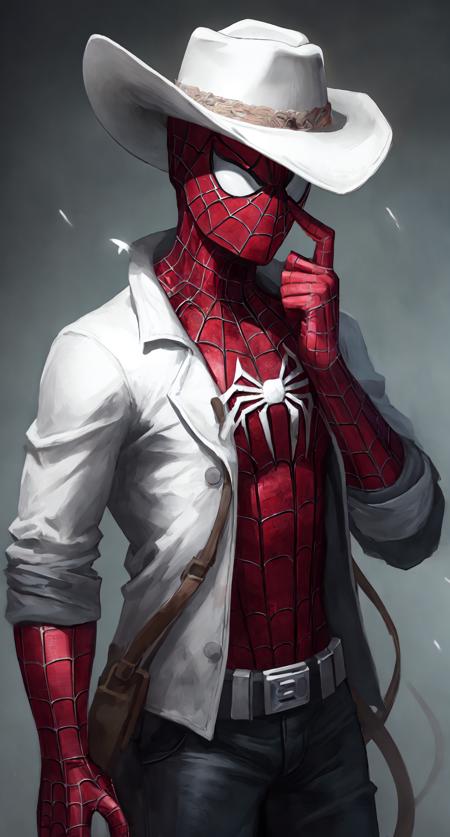 <lora:w3st:0.8>  w3st spider-man portrait, white jacket, focus, serious look, cowboy hat