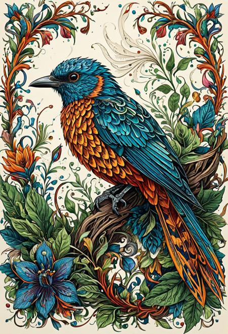 Finely detailed vector illustration, botanical study, bird, ultra realistic quality, interwoven pattern, white background, hyperdetailed, intricately detailed,  triadic colors,fantastical,intricate detail,splash screen,complementary colors, fantasy concept art, 8k resolution, masterpiece, ink on old paper, calligraphy,