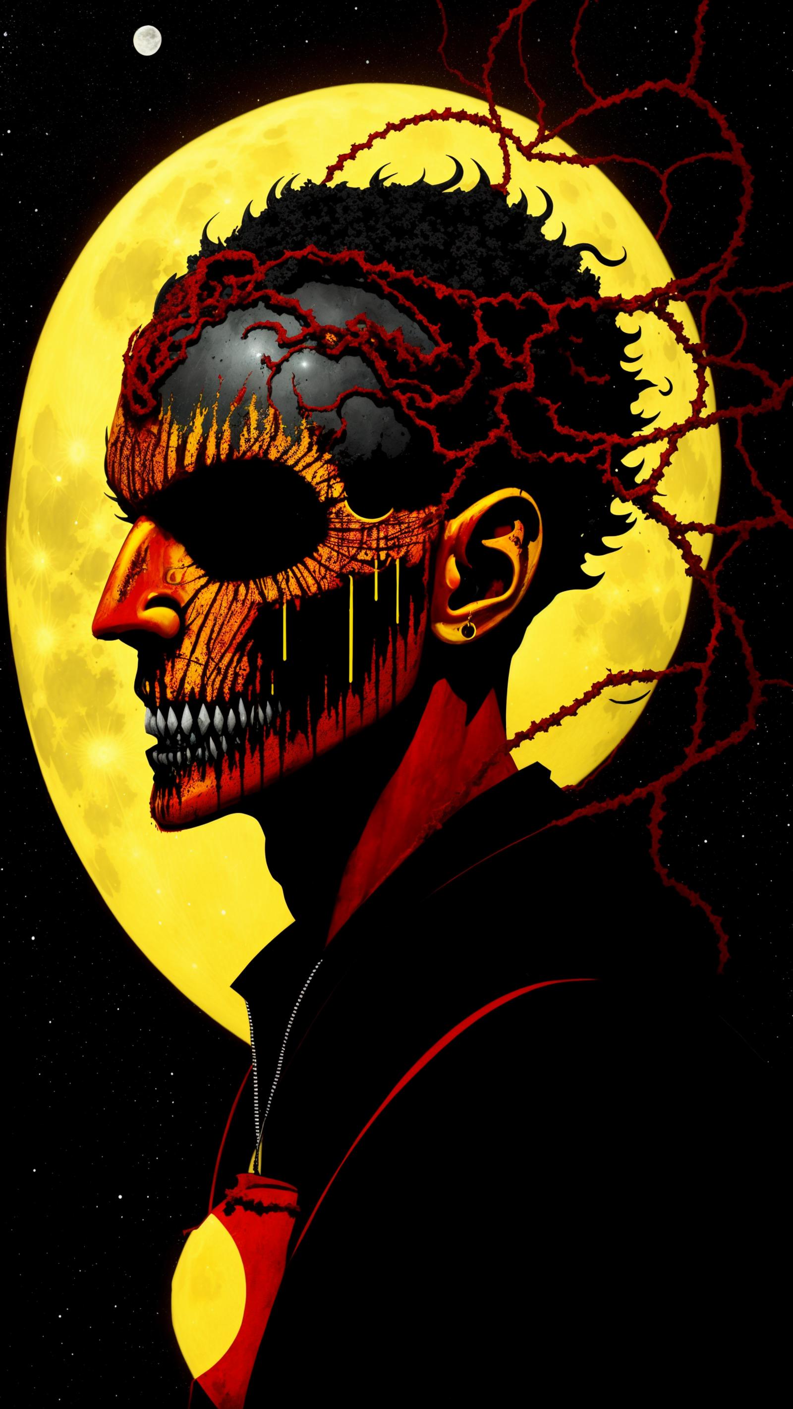 A scary painting of a person with a clown face under a yellow moon.