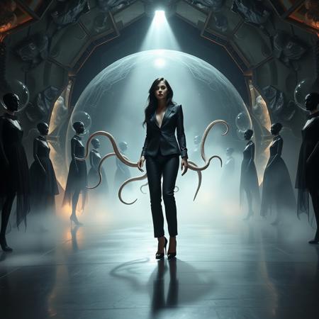 Ethereal, raven-haired Norwegian socialite, clad in a sumptuous, silk satin trouser suit and stiletto heels, stands ensnared within a gargantuan, crystalline jelly dome, its translucent walls glistening with an otherworldly sheen, as if infused with an extraterrestrial essence. Tentacles, like ghostly fingers, wrap around her lithe form, emerging from the depths of a fog-shrouded abyss, while a coterie of black, Victorian-era mannequins, draped in tattered, luxurious ball-gowns, stand as silent witnesses, frozen in a tableau of macabre elegance. Above, a blindingly intense light beam illuminates the scene, casting an eerie glow upon the polished steel floor, which seems to stretch on forever, like a catwalk into the very abyss of madness. The atmosphere is heavy with foreboding, as if the very fabric of reality is about to unravel, revealing the dark, labyrinthine recesses of a long-abandoned, cosmic horror. Inspired by the surreal, biomechanical visions of H.R. Giger, the eerie, atmospheric lighting of Roger Dean, and the masterful, cinematic storytelling of Ridley Scott, this haunting, live-action film still is a testament to the transcendent power of cinematic art, with its meticulously crafted, 35mm film aesthetic, replete with subtle, film grain textures, and a rich, color graded palette, evoking the very essence of a bygone era, lost in the depths of space and time.
