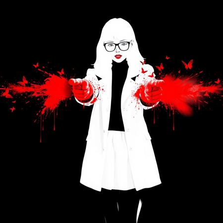 Black background, white Silhouette of a young woman, no detail, blacked out eyeglasses, no facial features, wearing open school coat and short skirt, pointing fingers from each hand (finger guns pointing towards camera, pointing at viewer), red spray splatters exploding out of both fingers, dripping red, several red butterflies amongst the spray, red spray coming from fingers like a gun shot. Detailed hand, Hand, Perfect Hand, 5 fingers, casting two jets of blood forward