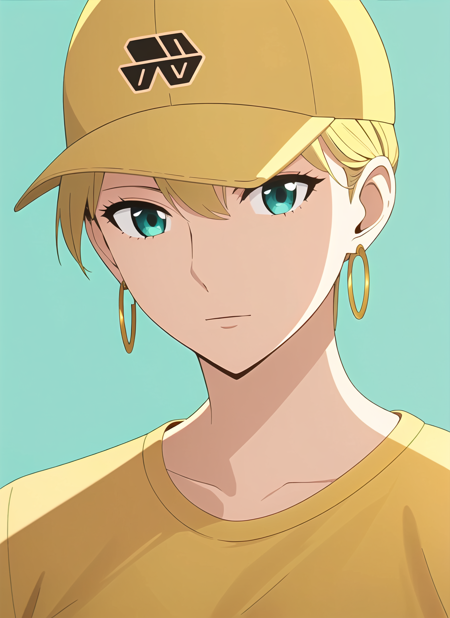 spy x family style, masterpiece, best quality, 1girl, aqua eyes, baseball cap, blonde hair, closed mouth, earrings, green background, hat, hoop earrings, jewelry, looking at viewer, shirt, short hair, simple background, solo, upper body, yellow shirt <lora:spy_x_family_style_offset:1>