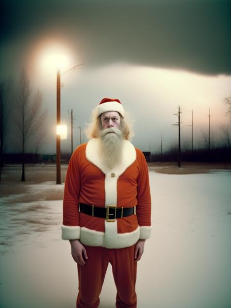 <lora:AlecSoth:1>full-length portrait of santa claus by alec soth the background is a suburb glow light at night during the winter by todd hido