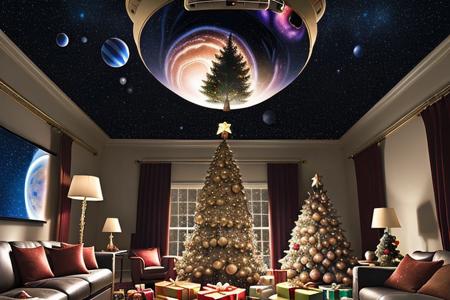 whimsical Christmas living room suspended in a vast, glowing galaxy, with planets and stars as ornaments on a floating tree, comet trails streaking across the room, and astronauts delivering presents on jetpacks.