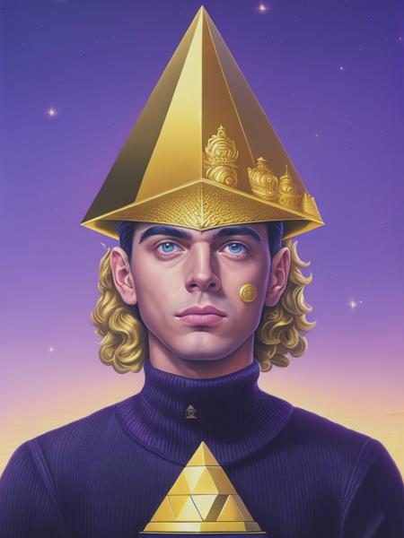 <lyco:AlexGross:1.0> an image of an archetype with a pyramid at his forehead, in the style of zuckerpunk, edgy political commentary, alex gross, violet and gold, technological marvels, uhd image, silver and navy