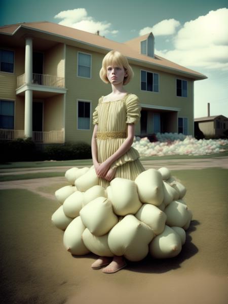 <lora:AlecSoth:1>a 1970's Cindy Sherman surreal styled photograph of small young girl standing amongst the billows at the center of an enormous wind-blown, semi-deflated, semi-transparent khaki green army 1st airborne parachute as if it were the petticoat of an elaborate dress lying across the front yard of large pristinely kept two-story white traditional house on a bright sunny day, photographic, highly detailed, high resolution