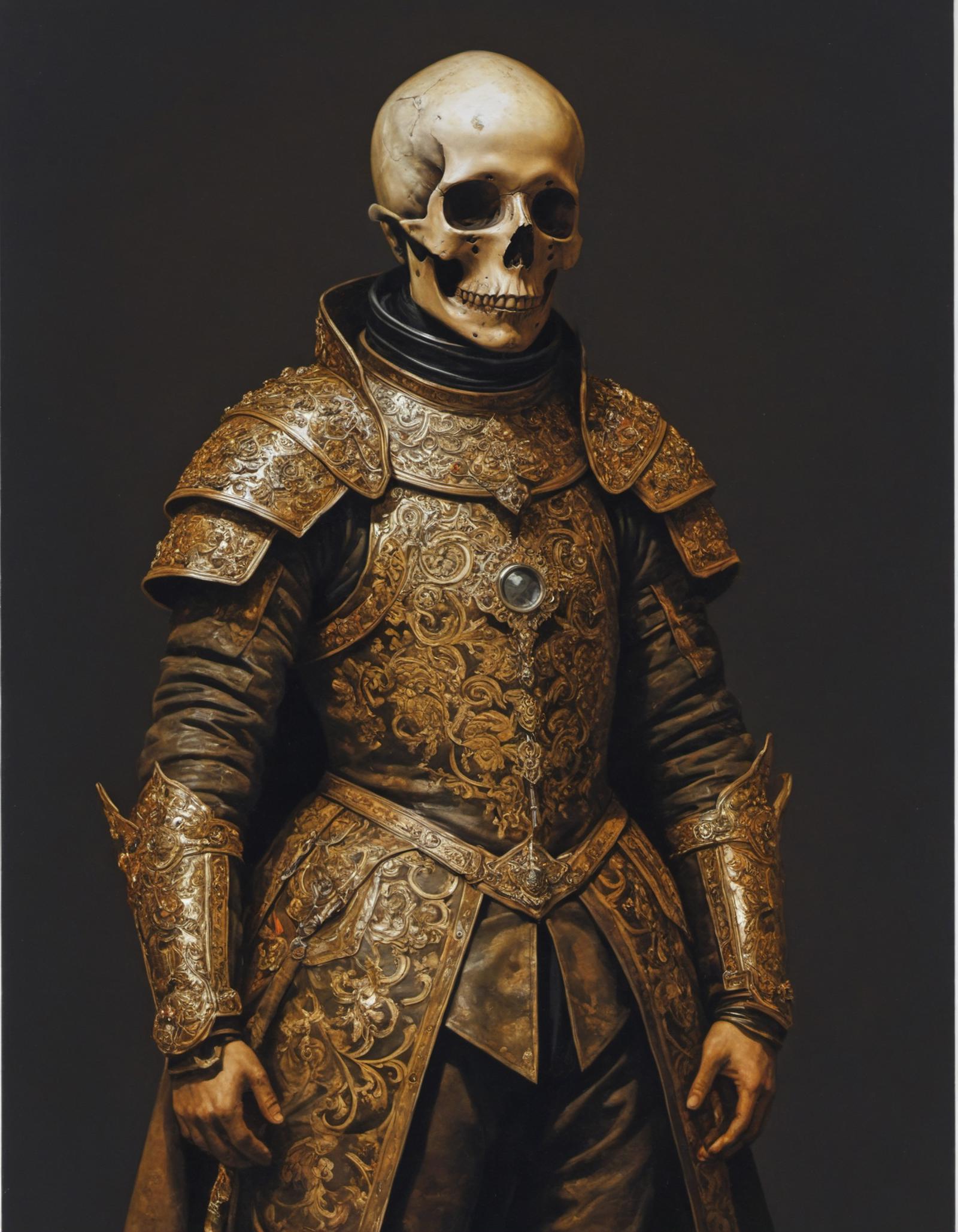 A skeleton in a suit of armor with a skull head and golden armor.