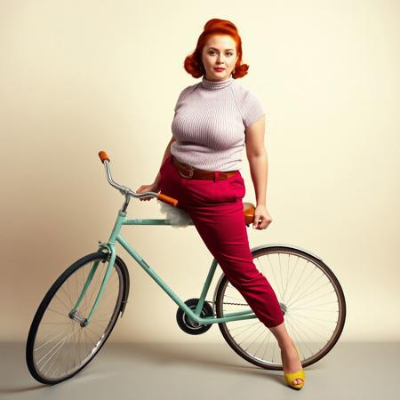 masterpiece portrait of young obese red-haired British woman::1.4, 1950s fashion photography style::1.2, cinematic realism art::1.1
(physical description: full body shot, soft and rounded physique, dynamic presence, expressive features, fair skin, red hair styled in a mid-century coiffure:1.1)
(facial features, expression: confident gaze, poised expression with a hint of allure, classic makeup with defined brows and lips:1.0)
(clothing details: ribbed short-sleeved turtleneck sweater in pastel pink (#ff94e6), dark cigarette pants in deep fuchsia (#ff76a0), cinched waist with a decorative wide belt, open-toed textured heels in citrus green (#d6ff7e):1.0)
(accessories: vintage earrings or subtle period-appropriate jewelry, walking with a bicycle:0.9)
(background setting: plain, light-colored studio backdrop emphasizing the subject (chromatic tone matched to soft vintage photography):0.9)
(lighting style: classic 1950s portrait lighting with soft shadows and subtle glow, studio flash with diffusion:0.8)
(composition and camera framing: full body centered composition, slight angle from below to enhance glamour and stature:1.0)
(emotional tone or theme: vintage elegance with a bold feminine presence, echoes of classic Hollywood allure:0.9)
(technical execution: vibrant yet balanced color saturation using palette #ff94e6, #ff76a0, #d6ff7e, #c3fb00, #9dfb00, medium format photo realism:0.8)