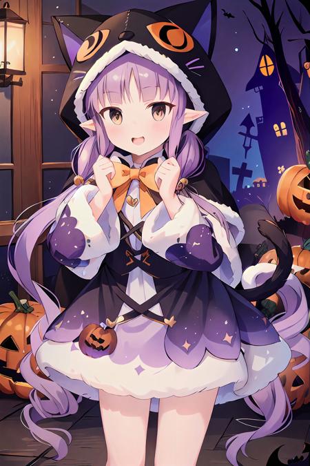 (masterpiece:1.3),(best quality:1.3),incredibly absurdres,ultra detail,
<lora:kyouka333-000009:0.8>,kyouka_halloween,animal hood,bangs,capelet,cat hood,elf,fur trim,fur-trimmed hood,hood,hooded capelet,kyouka \\(princess connect!\\),long hair,pointy ears,purple hair,fur-trimmed capelet,twintails,black capelet,bow,jingle bell,purple bow,fur-trimmed sleeves,tail,very long hair,animal ears,cat ears,fake animal ears,long sleeves,tail bow,tail ornament,cat tail,wide sleeves,black dress,black jacket,brown eyes,dress,jacket,orange bow,black skirt,skirt,tail raised,cat girl,fur-trimmed dress,
cowboy shot,blush,(halloween:1.3),indoors,smile,