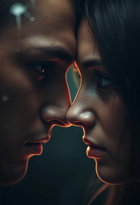 Two people locked in a profound gaze, their eyes a window to the depths of their very souls. In this fleeting instant, the boundaries between their inner worlds dissolve, and the viewer is left with an unsettling sense of intimacy, as if they are witnessing a sacred revelation. The atmosphere is heavy with emotion, the lighting soft and ethereal, casting a mystical glow on the scene. The subject's eyes, pools of profound wisdom and vulnerability, seem to hold a thousand secrets, drawing the viewer in with an otherworldly allure.