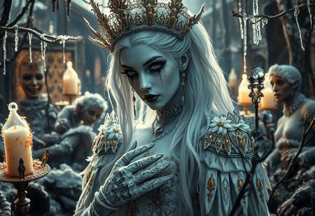 “A hyperrealistic depiction of an ice princess with an eerie ambiance, wearing heavy gothic makeup, set in a rotten and decayed world. The scene is intricate with frost-covered elements, blending a fantasy horror concept with a dark fairytale wonderland background. The white and gold color palette contrasts sharply with decayed, rotting surroundings, creating a haunting atmosphere. The image uses a 12mm lens effect to enhance depth and distortion, with sharp contrasts, deep shadows, and an ultra-detailed photorealistic style. The ice princess appears both enchanting and sinister, emanating mesmerizing visual storytelling in a chilling, frost-bitten, decayed environment.”