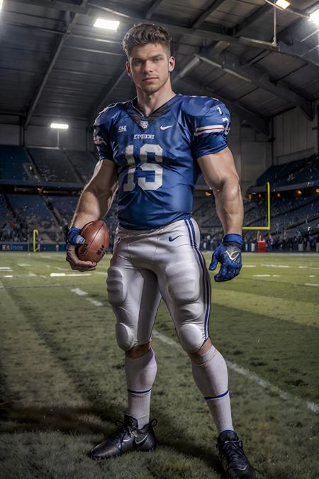 On a football field, holding a football, DevinFranco, American football player wearing (blue and silver football uniform), green jersey, (((full body portrait))), full body shot, wide angle   <lora:DevinFranco-000006:0.8>